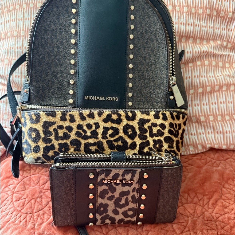 Michael Kors Brown and Black Backpack with Studded Details and wallet!